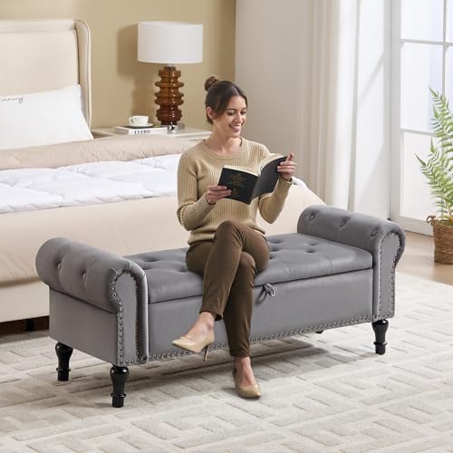 51" Storage Bench for Bedroom, Velvet End of Bed Bench, Queen Size Bench with Rolled Arms, Tufted Storage Ottoman Benches, Upholstered Bench for Bedroom, Living Room, Entryway, Grey - color: Grey, size: 51inch-velvet