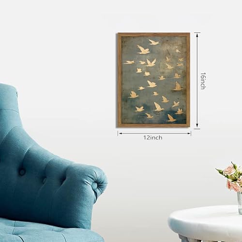 Framed Flock of Birds Canvas Wall Art, Vintage Minimalist Abstract Landscape Painting, Neutral Gold Birds Spiritual Wall Decor, Modern Aesthetic Pictures for Bedroom Living Room 12x16 inch - color: Flying pigeons, size: 16"L x 12"W