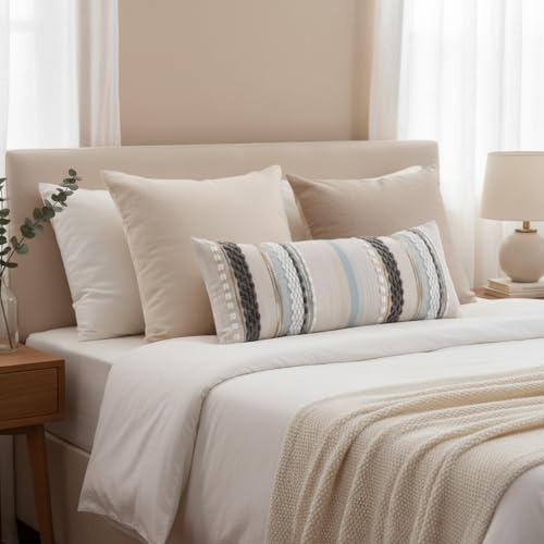 Boho Lumbar Throw Pillow Cover 14x36 Long Body Lumbar Decorative Pillow Case Accent Chenille Striped Pillowcase Farmhouse Cushion Case for Home Decor Grey Blue White (1 Piece) - color: Grey Blue White Stripe, size: 36" x 14" (Pack of 1)