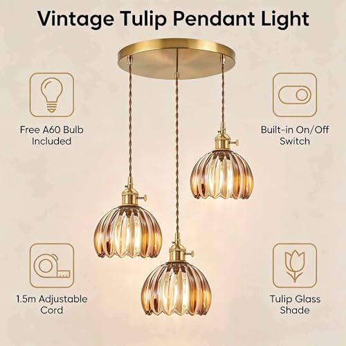Amber Tulip Glass Pendant Light, 3 Natural Light Bulbs Included, Adjustable Cord with Switch, Suitable for Kitchen Island/Dining Room - color: Amber 3pcsTulip Pendant Light