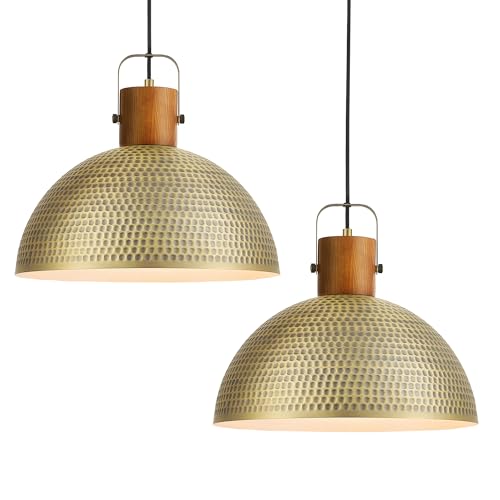 ELYONA 2 Pack Large Hammered Pendant Light Fixtures, 16 Inch Ash Wood Vintage Dome Hanging Lamp, Antique Gold Mid Century Pendant Lighting for Kitchen Island, Farmhouse, Dining Room, Brushed Brass - color: Brass - 2 Pack