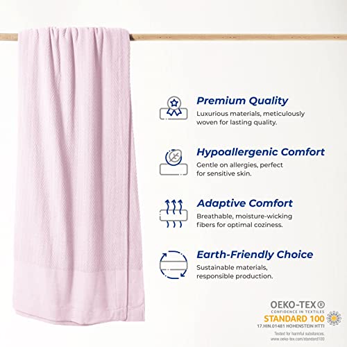 THREAD SPREAD Organic GOTS Certified Cotton Blanket, Twin/Twin XL - 350 GSM, Antistatic, Fuzzy Soft, Lightweight, Sofa, Camping & Travel, All-Season Herringbone Throw, Blush + Stylish Bonus Tote Bag - color: Herringbone - Blush, size: Twin / Twin XL
