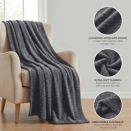 Exclusivo Mezcla Fleece Throw Blanket for Couch, Lightweight Jacquard Bed Blanket for Spring Summer, Soft Cozy Breathable Throws, Dark Grey, 50x70 Inches - color: Dark Grey, size: Throw ( 50x70 IN )