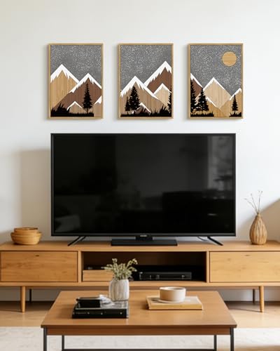 KUVIOKE Morden Mountains Framed Wall Art Boho Pine Tree Forest Nature Landscape Artwork Painting Bohemain Farmhouse Rustic Home Decor 12x16in (Natural Framed) - color: Wooden Mountain Night, size: 12 x 16in x 3 Panels Natural