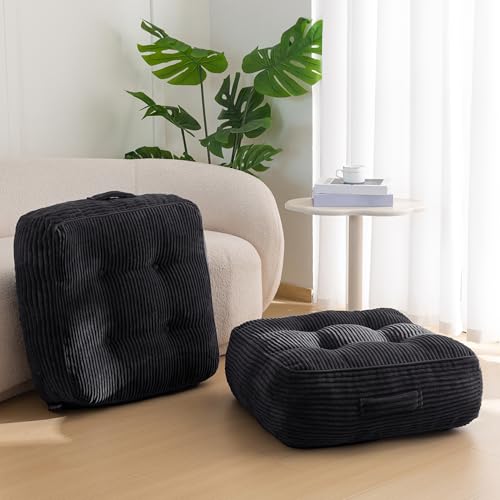 HIGOGOGO 8" Extra Thick Floor Pillow Cushion for Adults, Meditation Cushion Pillow, Large Square Floor Sitting, Tufted Corduroy Cover, for Tatami Living Room or Yoga, 22x22 Inch, 2Pack, Black - color: Square Black, size: 8" Thick(Pack of 2)