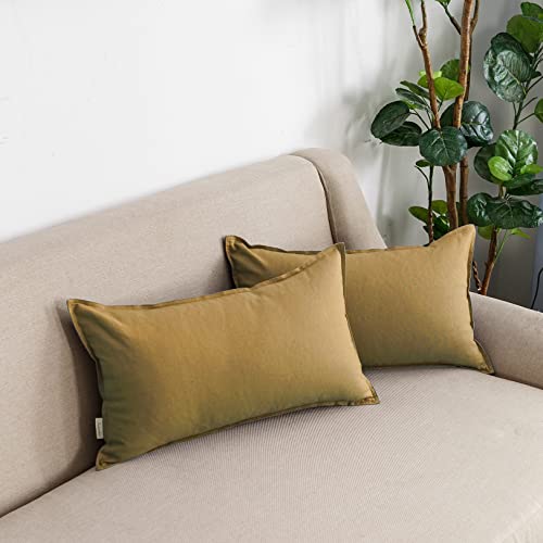 Jeanerlor Natural Cotton Linen Green Decorative 12"x20" Throw Pillow Case Cushion Cover with Twin Needles Stitch on Edge for Lumbar, (30 x 50cm), 2 Pcs, Earth Yellow - color: Earth Yellow, size: 20" x 12" (Pack of 2)