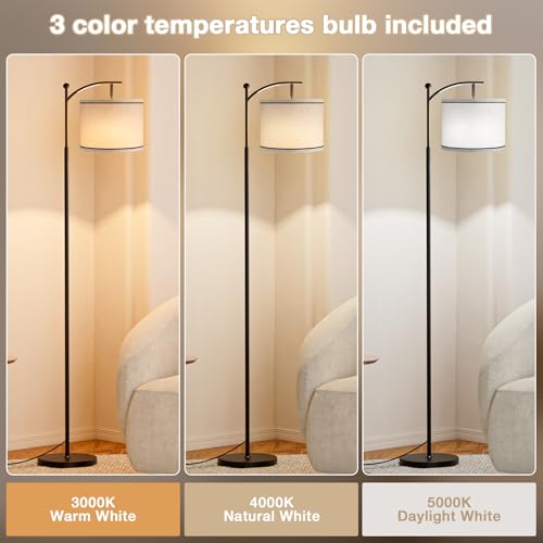 Ambimall 60" Floor Lamp for Living Room with 3 Color Temperatures, Beige Lampshade with Black Stripes, Tall Lamp for Bedroom Office, 9W Bulb Included - color: Black Stripes & Black