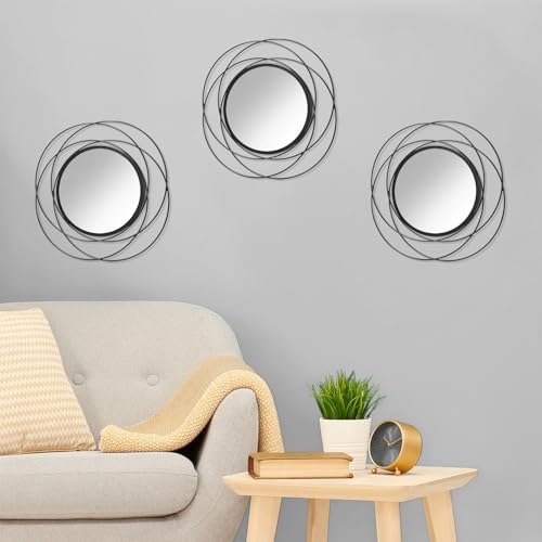 3 Set Black Wall Mirror Black Small Round Decorative Mirrors, Circle Metal Art Mirror Home Decor Bathroom Vanity, Living Room or Bedroom 12” - color: Circle-black, size: 3 Set 12"L x 12"W
