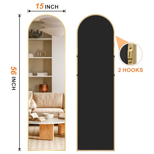 TRAHOME Arched Full Length Mirror, 56"x15" Standing Body Mirror for Wall, with Aluminum Alloy Frame for Bedroom, Living Room, Dressing Room(Gold) - color: Gold, size: 56"L x 15"W