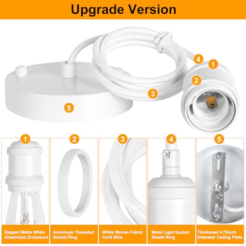 Upgraded White Pendant Light kit, UL E26/E27 Lamp Socket with Aluminium Enclosure Pendant Light Cord, Industrial Hanging Light Cord Kit with Adjustable Length, Mini Edison Retro Lamp Socket