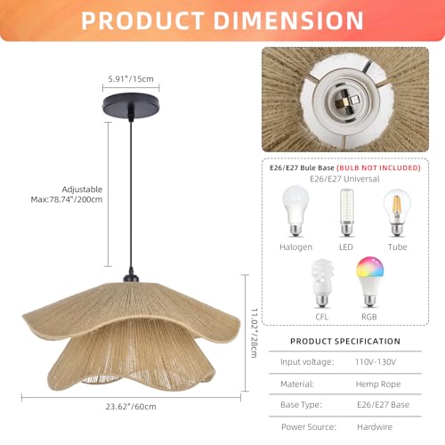 Arturesthome Pendant Light for Foyer Hallway Woven Pendant Lighting,Coastal Rope Lamp Shade Creative Ceiling Hanging Light for Dining Table Room - size: 23.6"*11"