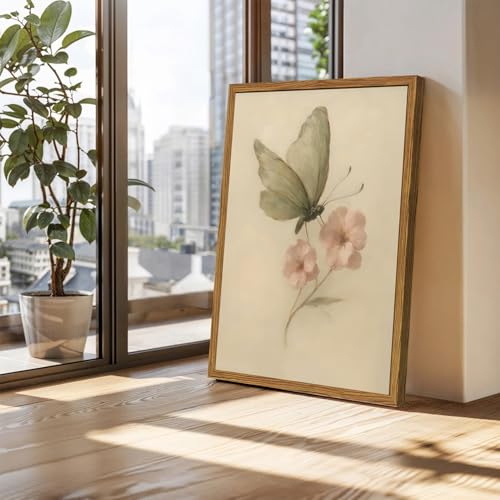 Framed Vintage Wall Art, Butterfly and Pink Floral Pictures Wall Decor, Retro Flower Moth Painting Canvas Prints Cottagecore Home Decor Aesthetic for Living Room Bedroom Bathroom 16x24 inch - color: Butterfly Pink Floral, size: 24"L x 16"W