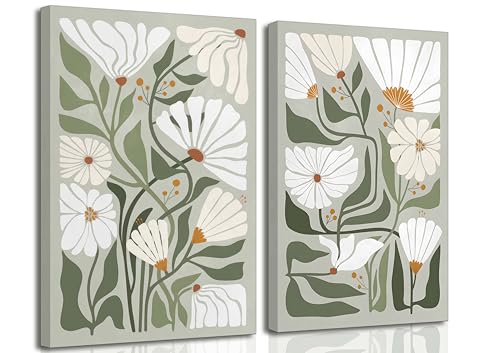 2 Pcs Boho Wildflowers Canvas Wall Art Green Bohemia Abstract Floral Botanical Painting Picture Wall Decor Poster Print Artwork for Living Room Bedroom Bathroom Home Decoration - color: Canvas, size: 16x24in