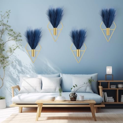 Hanaive 4 Sets Boho Wall Decoration Metal Wall Art Hanging Planters with Artificial Pampas Display Modern Home Vase for Bedroom Home Office (Soft,Dark Blue) - color: Dark Blue, style: Soft