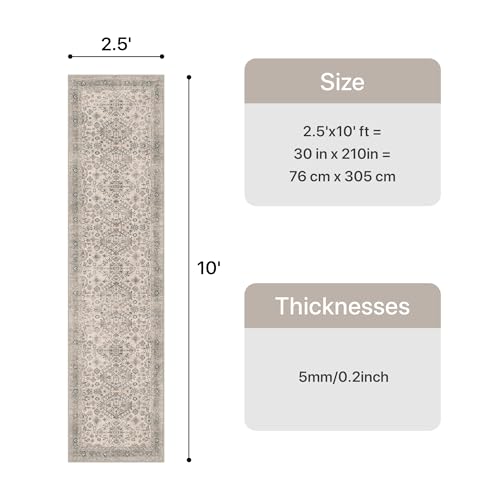 Bavni Washable Runner Rug 2’6”x10, Non Slip Vintage Hallway Runner, Ultra Thin Low Pile Washable Carpet for Kitchen Entryway Bedroom, Light Taupe Brown - color: Light Taupe Brown, size: 2'6" x 10' (Rectangular)
