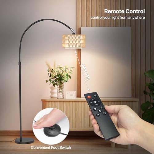 Arc Floor Lamp with Remote Control, Dimmable LED Floor Light with 3 Color Temperature, Black Standing Lamp with Rattan & Fabric Double Drum Shade, Boho Farmhouse Tall Floor Lamp for Living Room - size: Arc-Lantern Shade