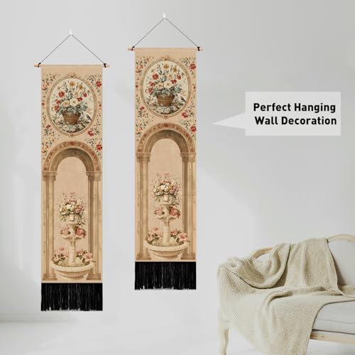 PLIGREAT 2 Pack Vintage Bouquet Tapestry Vertical Art European Style Column Wall Hanging with Tassels Aesthetic Wall Tapestry for Bedroom Bathroom Living Room Long Narrow Home Art Decor - color: pink,brown