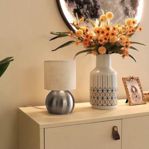 Modern Silvery Small Table Lamp with Cotton Linen Shade, 6.2×6.2×10.4 inch LED Desk Light, One-Button Switch for Bedroom, Living Room, Nightstand, Includes Warm Light Bulb - color: Silvery, size: Pack of 1