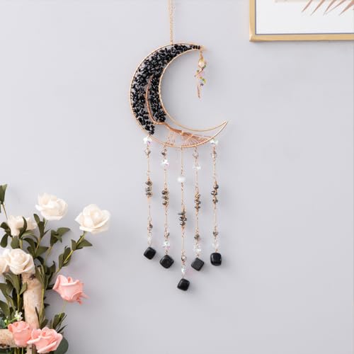 Agate Moon Dream Catchers with Crystal 7 Chakra Gemstone Dream Catchers Color Natural Gem Agate Wall Hangings Room Garden Dreamcatchers Decor (Black) - color: Black