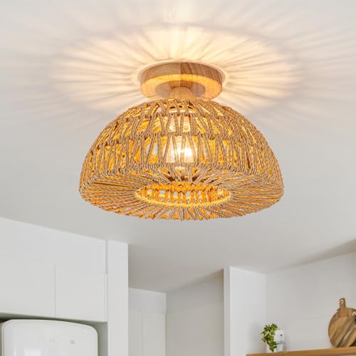 Boho Ceiling Light Fixtures,Rattan Light Fixture,Small Boho Chandelier Hand Woven Ceiling Light with Wooden Base,Rattan Flush Mount Ceiling Lights for Bedroom Hallway Kitchen Entryway Nursery - color: Brown-B