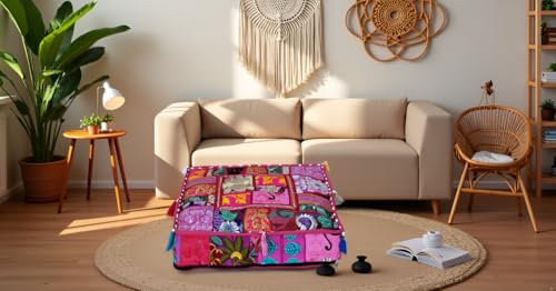 CRAFT KALA Indian Square Patchwork Traditional Pouf Cover Indian Living Room Poufs Decorative Embroidered Designer Ottoman Home Living Footstool Chair Cover Decor Pillow Cover 18x18x5 inches, Pink - color: Pink, size: 18"D x 18"W x 5"H