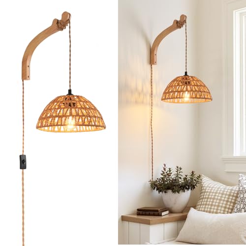 Plug in Wall Sconce,Farmhouse Wicker Wall Lamp Plug in,Hand Woven Rattan Wall Light Farmhouse Rustic Boho Sconces Wall Lighting for Living Room Bedroom - color: 9.8IN Rattan Lampshade, size: 1 PACK