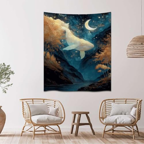 Celestial Whale under Moon Fantasy Ocean Tapestries Modern Boho Contemporary Wall Art Tapestry Wall Hanging Elegant Stunning Home Decor for Bedroom Living Room Apartment Office (YGST3989,50x60 inch)