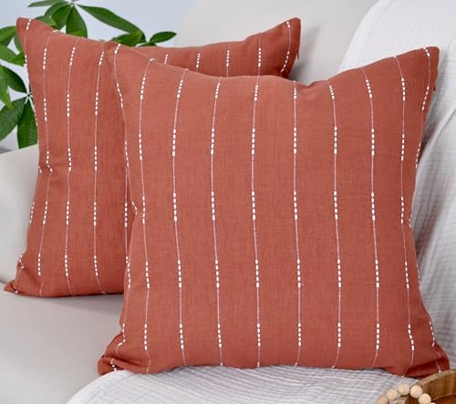 Modern Cotton Pillow Covers 20 x20 inches Terracotta/Woven Loom Stripe Pattern Contemporary Luxury Cushion Covers Burnt Orange/Simple Throw Pillow Cases for Living Room Sofa, Couch, Bed, Set of 2 - color: Rust Brown, size: 20" x 20" (Pack of 2)