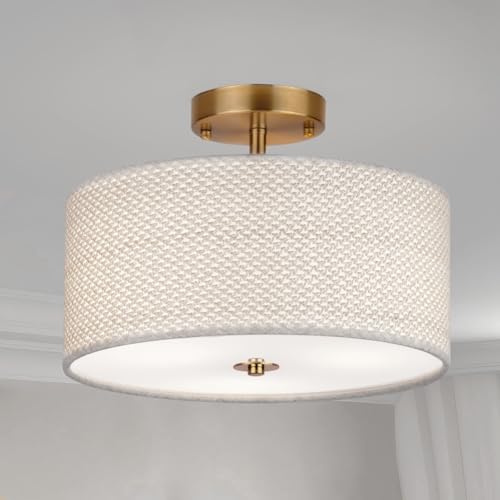 13" Boho Rattan-Style Semi Flush Mount Ceiling Light Fixture, 3-Light Modern Fabric Shade Drum Lamp, White Rustic Lighting for Bedroom, Kitchen, Dining Room, Living Room, Hallway, Entryway - color: White