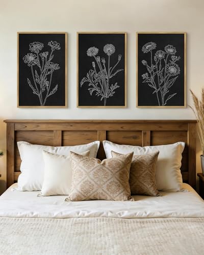 Drsoum Black White Flower Wall Art Vintage Minimalist Floral Wall Hanging Decor Bohemain Botanical Prints Artwork for Bedroom Living Room Hallway 16x24in Natural Framed - color: White Flower, size: 16x24in, Natural Framed