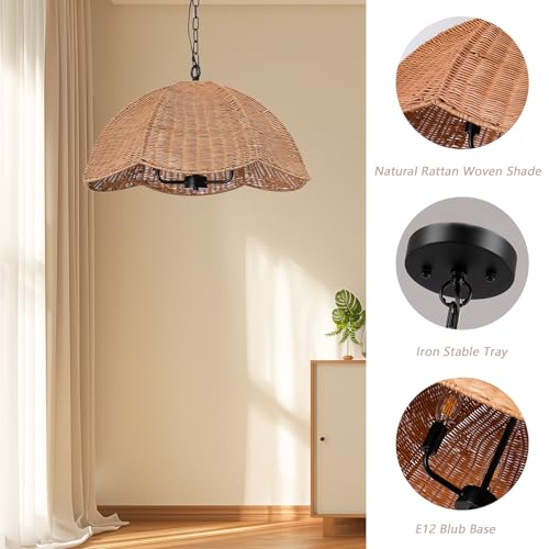 ocioc Rattan Pendant Lighting,23.6" Kitchen Island Hanging Light Fixtures,Large Boho Hand-Woven Chanderlier, E26 Farmhouse Retro Ceiling Chandelier 3-Lights for Dining Room Kitchen Island Living Room - size: 23.6" 3-Light