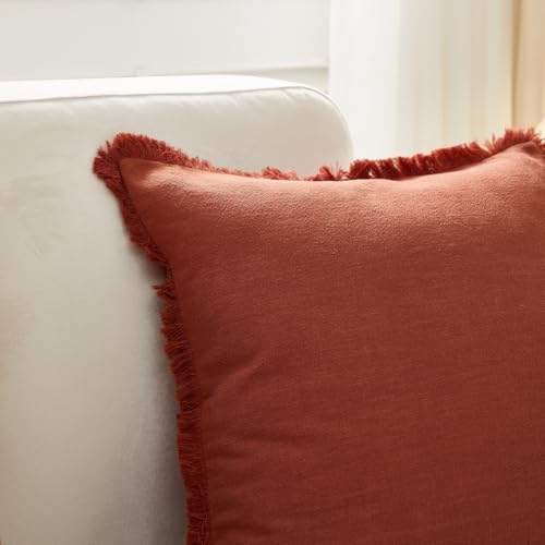 Sunday Praise Set of 2 Linen Fringe Fall Decorative Pillow Covers 18x18 Inch Farmhouse Accent Boho Throw Pillow Cases with Tassels Cozy Soft Cushion Covers for Couch Sofa Bed Home Decor,Rust Orange - color: Rust Orange, size: 18" x 18" (Pack of 2)