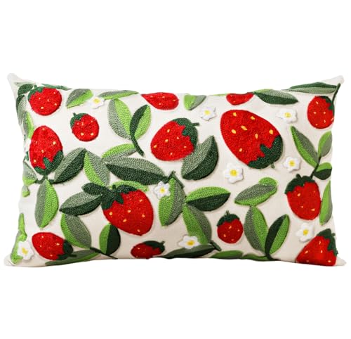 Embroidered Lumbar Pillow Cover - 20x12 Decorative Pillow Cover with Zipper Aesthetic Cute Design Boho Spring Summer Throw Pillowcase for Living Room Couch Sofa Bed, Leaf Strawberry - color: Leaf Strawberry, size: 20" x 12" (Pack of 1)