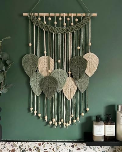 SunsprieJoy Macrame Wall Hanging, Boho Wall Decor Handmade Yarn Woven Leaf Tapestry, Modern Wall Art for Bedroom Nursery Kitchen Dining Room Bathroom, Home Decoration Gift for Women – Green - style: Layered Leaf