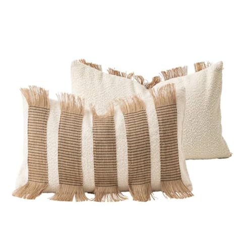 MOCOFO Handwoven Jute Cotton Striped Pillow Covers, Wabi Sabi Boho Farmhouse Decorative Throw Cushion Cover with Fringe(Cover Only) (White/Natural, 12x20) - color: White/Natural, size: 20" x 12" (Pack of 1)