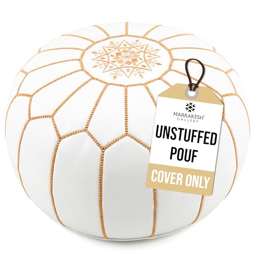 Marrakesh Gallery Genuine Leather Round Pouf Unstuffed - Moroccan Ottoman Footstool, Footrest Cover - Boho Decor - Bohemian Living Room, Bedroom, Kids Room, Gift & Wedding - color: White By Mustard