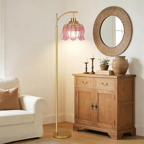 QIYIZM Pink Floor Lamp for Living Room,Bedroom,Glass Gold Dimmable Standing Lamp with Remote,Mid Century Modern Brass Tall Lamp Boho Floor Lamps Arc Stained Tulip Flower Floor Light Lamp Bohemian - size: 30-Floor Lamp