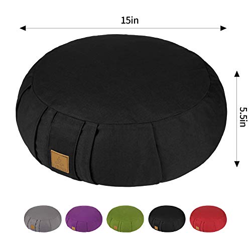 Round Zafu Meditation Cushion, D=15" H=5.5" Zabuton Meditation Pillow, Yoga Bolster/Pillow, Floor seat, Zippered Organic Cotton Cover, Natural Buckwheat, Kneeling Pillow - color: Wine Red