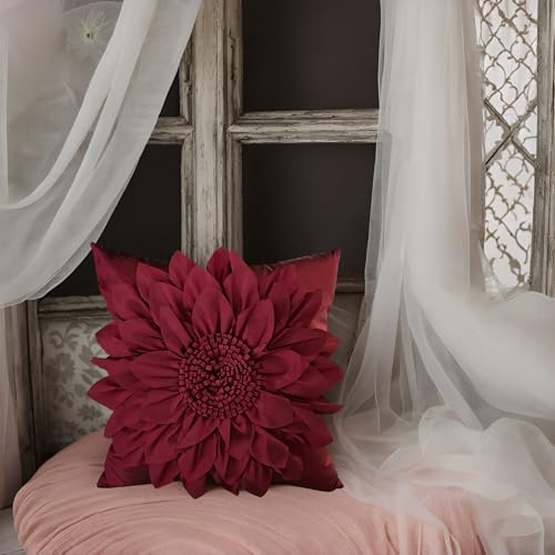 Bella's Giftshop 3D Sunflower Decorative Throw Pillow Covers for Bed Sofa Couch Car, Accent Floral Taffeta Cushion Cover, Handmade Pillow Cases Living Room Decor, 17x17 Inch-Burgundy - color: Burgundy