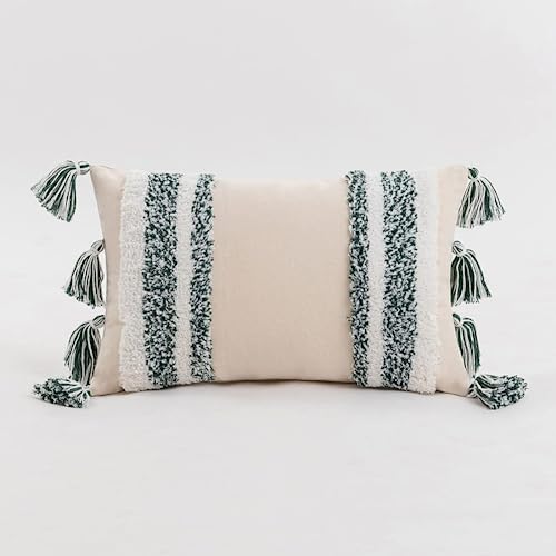 Boho Tufted Throw Pillow with Tassels, Country Thick Striped Style Soft Cushion Cover Decor wuth Zipper for Chair Bed Couch Living Room (Green,12" x 20") - color: Green, size: 12" x 20"