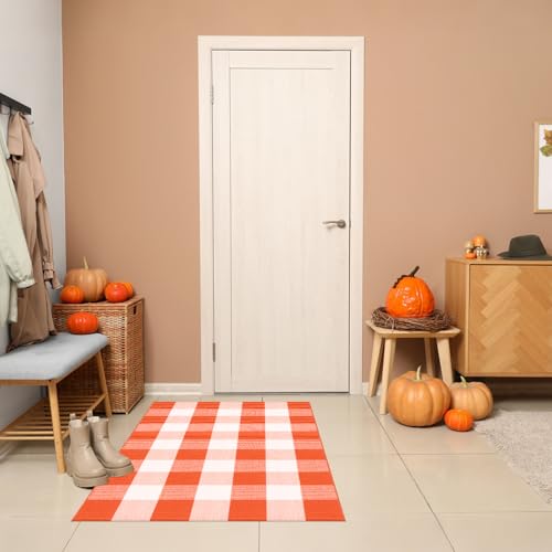 HunnmingRe 4 Pcs 4th of July Buffalo Plaid Outdoor Rug 27.5'' x 43'' Front Door Mat Washable Cotton Farmhouse Mat Checkered Carpet for Indoors, Layered, Porch, Farmhouse (Buffalo Plaid,Bright) - color: Bright