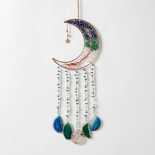 Agate Gemstone Dream Catcher 7 Chakra Tree of Life Dream Catcher with Rainbow Crystal Stones Handmade Dreamcatcher Wall Decor for Adults Boys Girls,Bedroom,Wedding,Garden,Bless Gift(Blue&Green Moon) - color: Blue+green Moon Agate