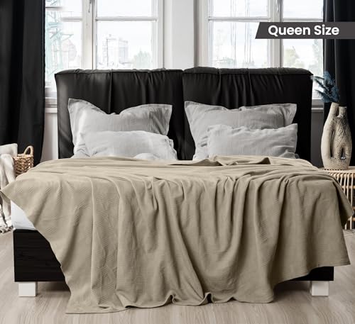 Utopia Bedding 100% Cotton Thermal Blanket Khaki Queen Size Soft, Lightweight, Breathable, Cozy Spring and Summer Blankets for Bed, Home Room Decor Gifts for Fathers Day and Dad (90x90 Inches) - color: Khaki, size: Queen