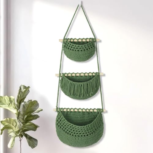 Boho Style Handwoven Rope Hanging Basket - 3-Tier Detachable Storage Organizer for Kitchen/Bathroom/Entryway, 3 Included Heavy-Duty Hooks, 7 Color Options Available (Green) - color: Green