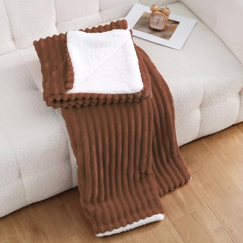 Chocolate Sherpa Fleece Throw Blanket 50”×60” for Couch Sofa Bed,Super Soft Cozy Plush Double Side Thick Flannel Blanket with Striped Design Lightweight for Adults,Woman,Girls - color: Chocolate, size: 50×60inch