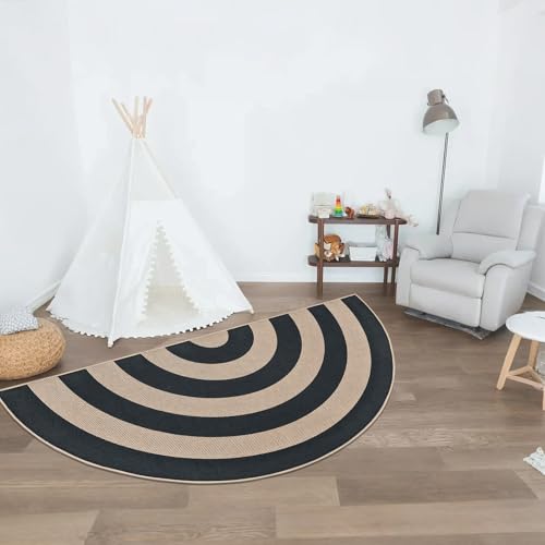 Faux Jute Rug 3x6Ft Half Circle Rainbow Doormat Easy Jute Carpet for Farmhouse Bedroom Kitchen, Non-Slip Half Round Neutral Floor Mat for Living Room Kids Room Indoor Outdoor Decor, Black 2 - color: Black 2, size: 3'x6'