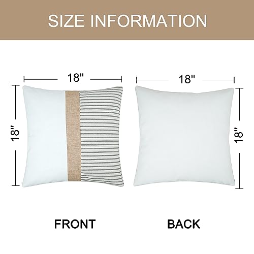 JASEN Farmhouse Pillow Covers 18x18, Modern Accent Square Throw Pillow Covers Set of 2, Grey and Beige Striped Patchwork Decorative Pillow Case for Sofa Couch Chair Bedroom - color: Grey, size: 18" x 18" (Pack of 2)