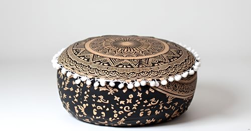 INDIAN CRAFT CASTLE ICC Mandala Barmeri Large Floor Pillow Cover Cushion Meditation Seating Ottoman Throw Cover Hippie Decorative Zipped Bohemian Pouf Ottoman Cases Black Gold, 18" Round - color: Black Gold, size: 18"D x 18"W x 5"H