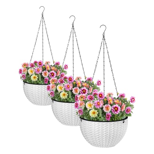 Foraineam 10.2 Inch Dual-pots Design Hanging Basket Planters Self-Watering Indoor Outdoor Hanging Flower Plant Pot with Drainer and Chain (White) (Pack of 3) - size: 10.2” (Pack of 3)