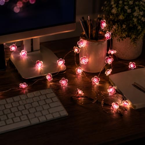 USB/Battery Operated 13ft Copper Wire 40LED Pink Cherry Blossom Fairy Light | Flower-Shaped Fairy Lights String – Indoor & Outdoor Hanging Decor for Valentine's Day, Mother's Day, Wedding Parties - color: 13ft Pink Flower Lights